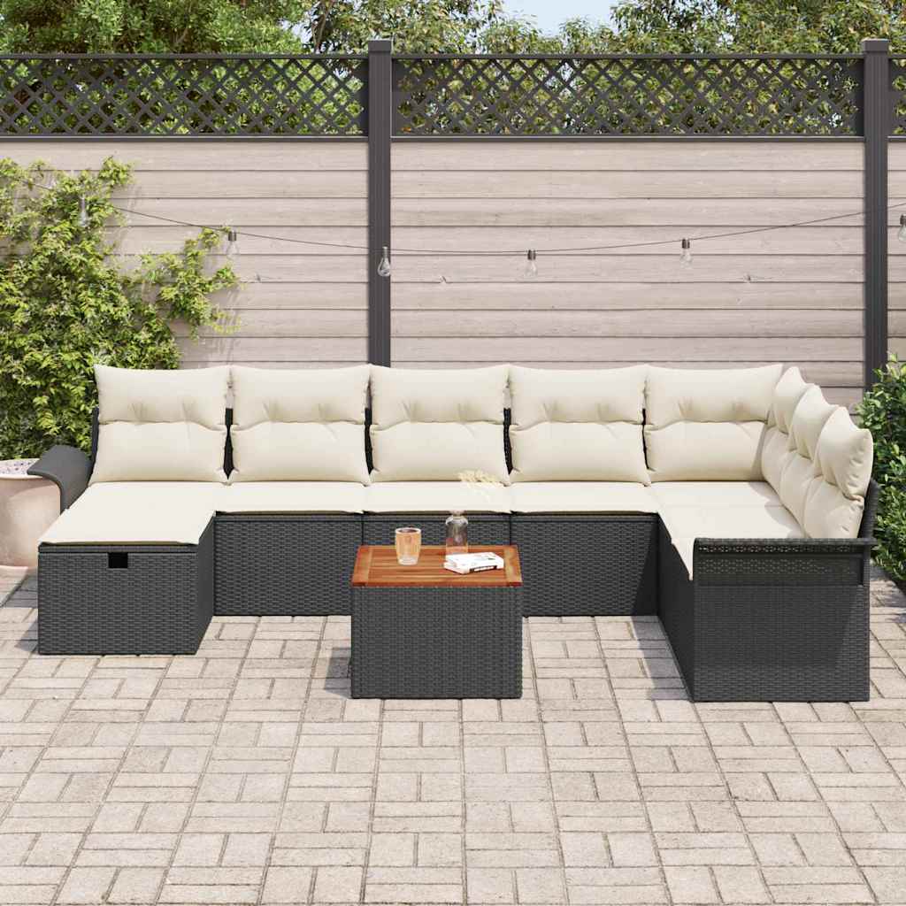 vidaXL Tuinbank Set met kussen met opslag 9 pcs Zwart Poly rattan