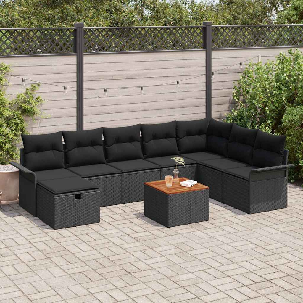 vidaXL Tuinbank Set met kussen met opslag 9 pcs Zwart Poly rattan