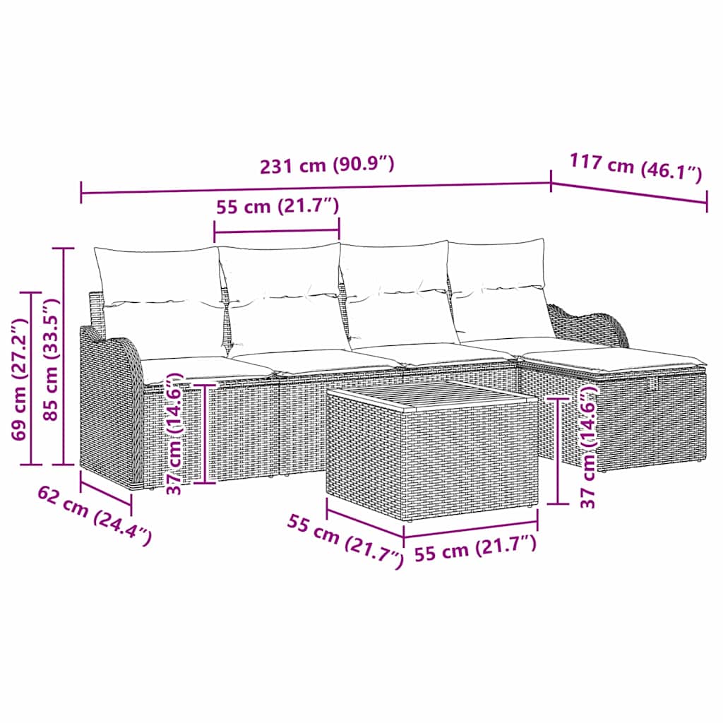 vidaXL Tuinbank Set met kussen met opslag 6 pcs Zwart Poly rattan
