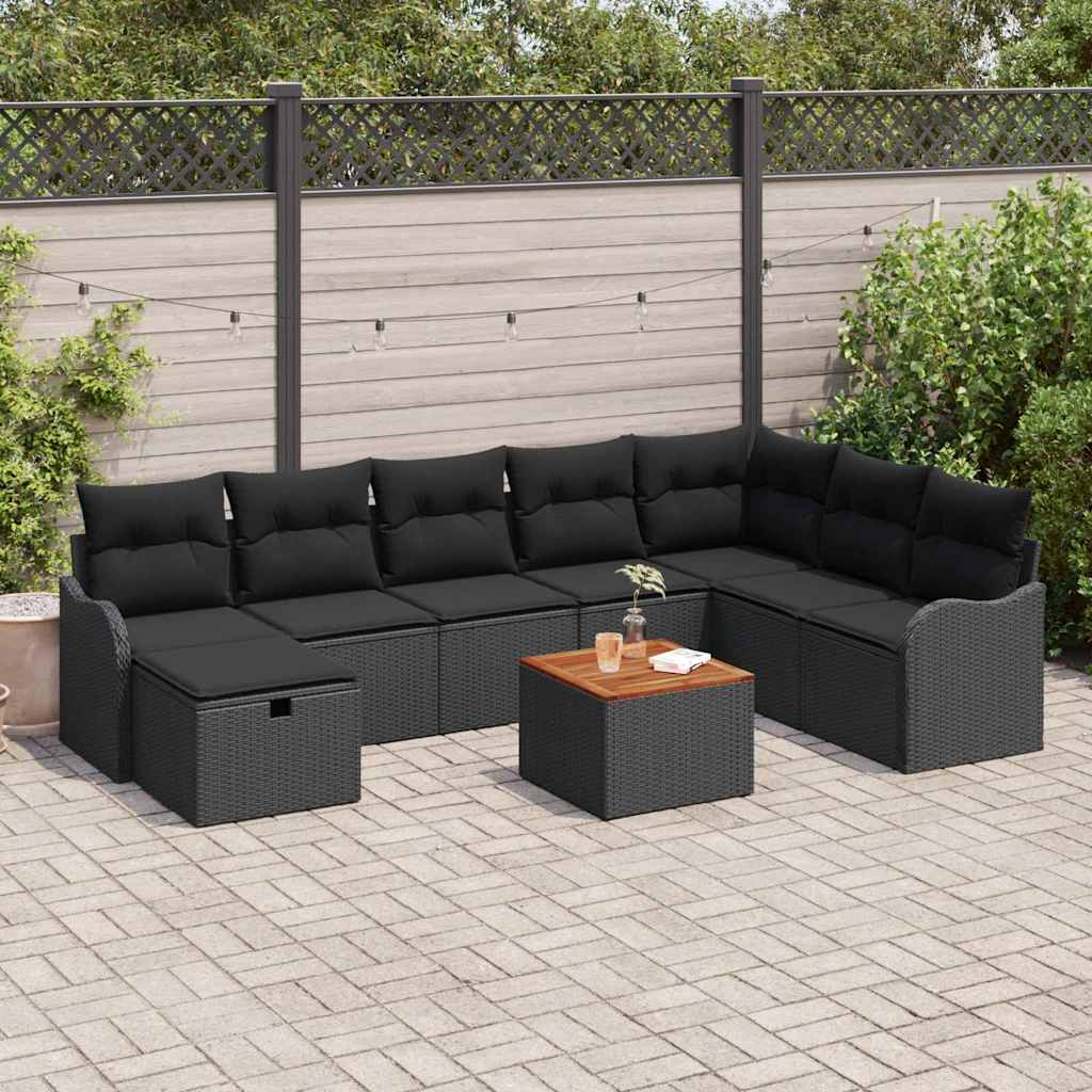 vidaXL Tuinbank Set met kussen met opslag 9 pcs Zwart Poly rattan