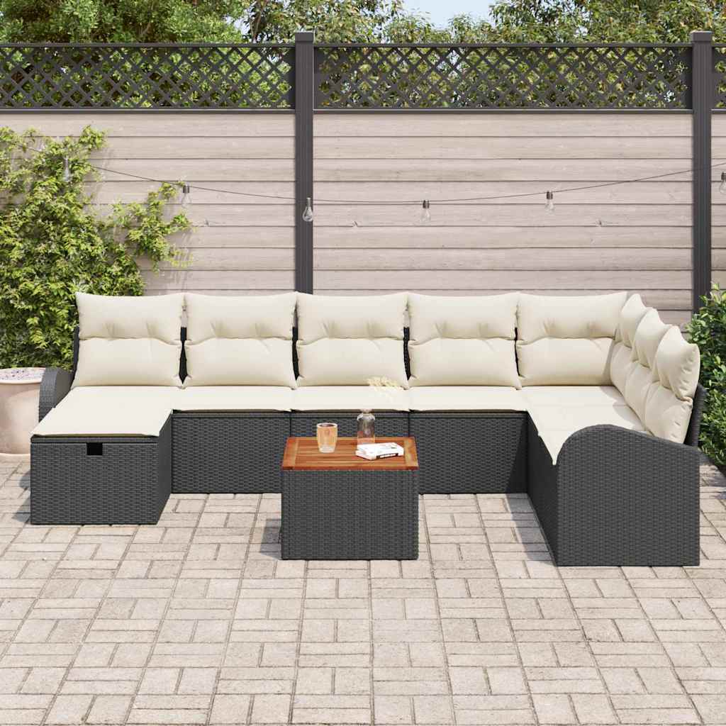 vidaXL Tuinbank Set met kussen met opslag 9 pcs Zwart Poly rattan