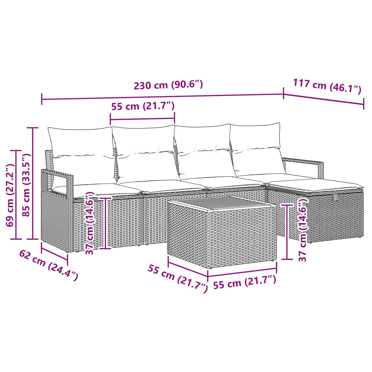 vidaXL Tuinbank Set met kussen met opslag 6 pcs Zwart Poly rattan