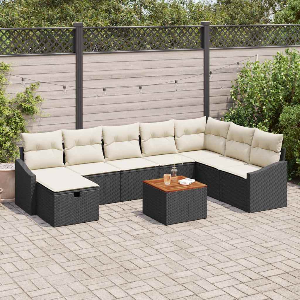 vidaXL Tuinbank Set met kussen met opslag 9 pcs Zwart Poly rattan
