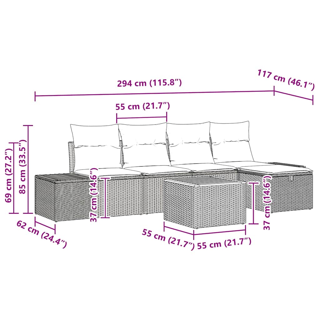 vidaXL Tuinbank Set met kussen met opslag 6 pcs Zwart Poly rattan
