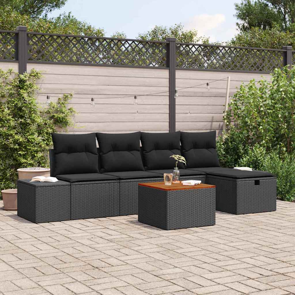 vidaXL Tuinbank Set met kussen met opslag 6 pcs Zwart Poly rattan