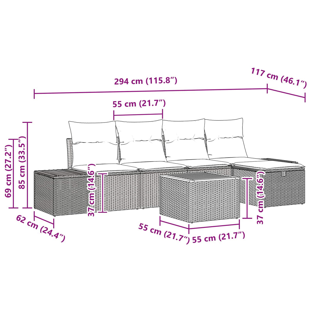 vidaXL Tuinbank Set 6 st Zwart Poly rattan