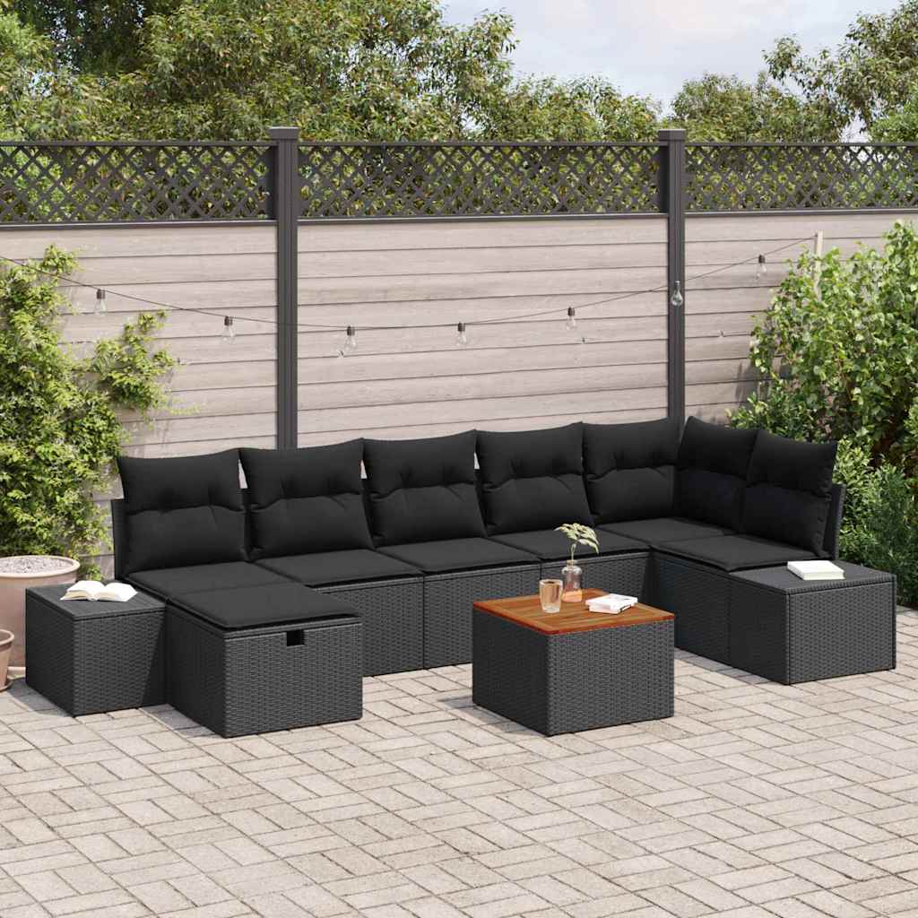 vidaXL Tuinbank Set met kussen met opslag 8 pcs Zwart Poly rattan