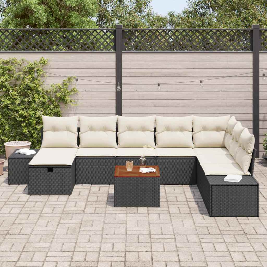 vidaXL Tuinbank Set met kussen met opslag 9 pcs Zwart Poly rattan