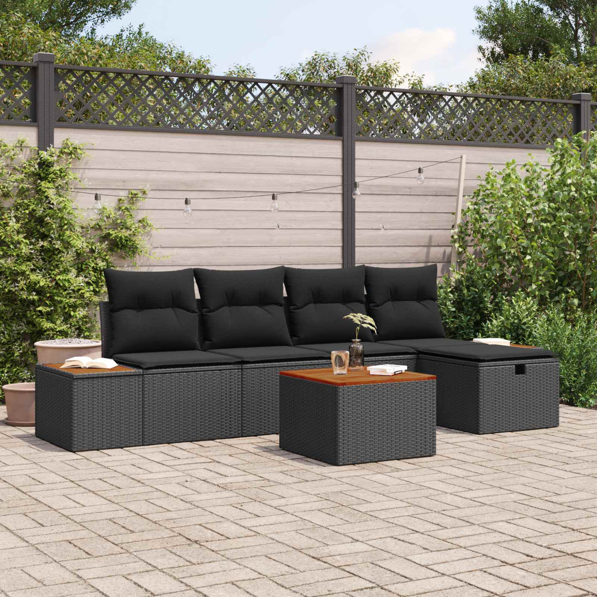 vidaXL Tuinbank Set met kussen 5 pcs Zwart Poly rattan