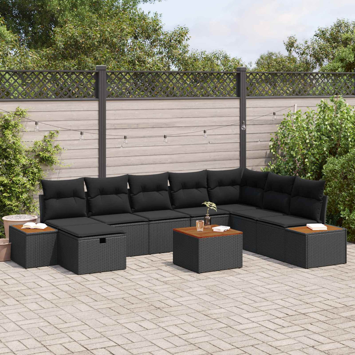 vidaXL Tuinbank Set met kussen met opslag Zwart poly rattan