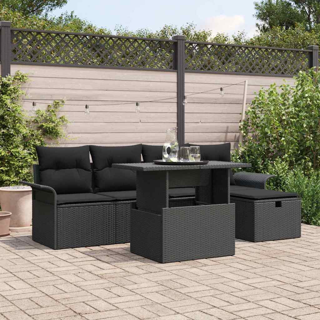vidaXL Tuinbank Set met kussen met opslag 6 pcs Zwart Poly rattan