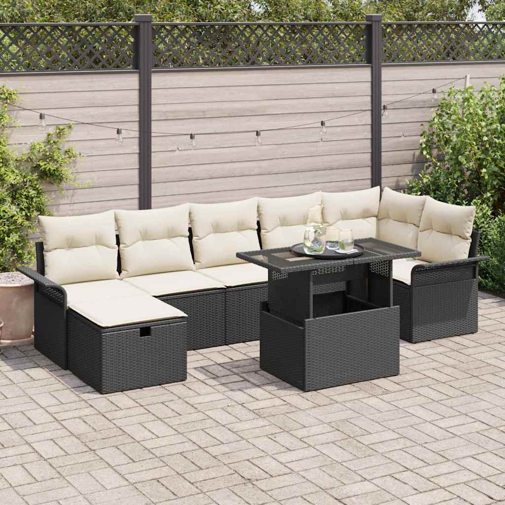 vidaXL Tuinbank Set met kussen met opslag 8 pcs Zwart Poly rattan