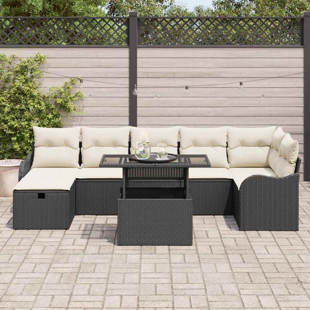 vidaXL Tuinbank Set met kussen met opslag 8 pcs Zwart Poly rattan