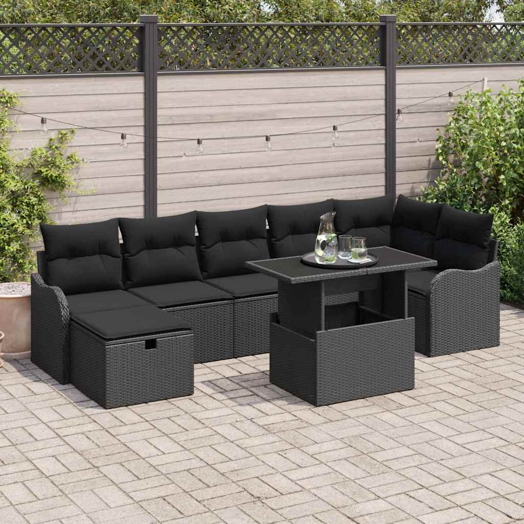 vidaXL Tuinbank Set met kussen met opslag 8 pcs Zwart Poly rattan