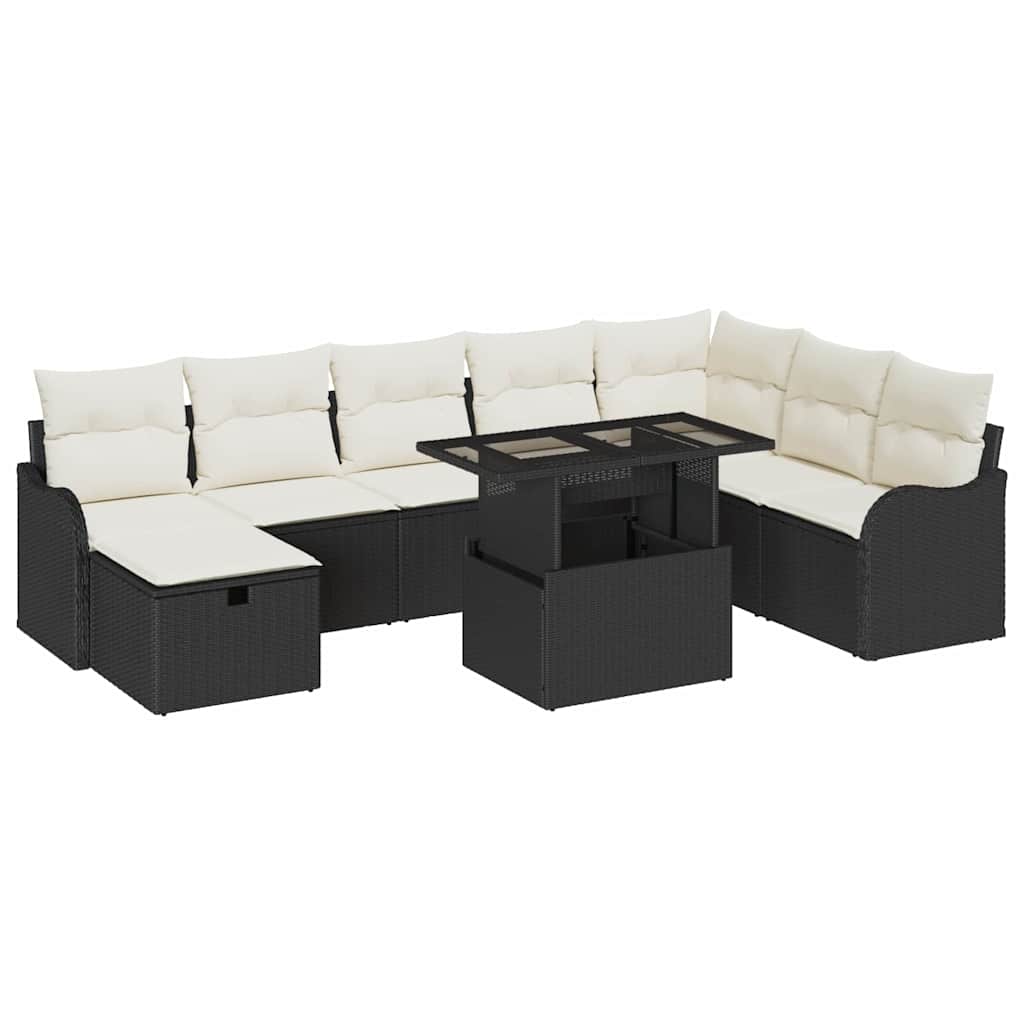 vidaXL Tuinbank Set met kussen met opslag 9 pcs Zwart Poly rattan