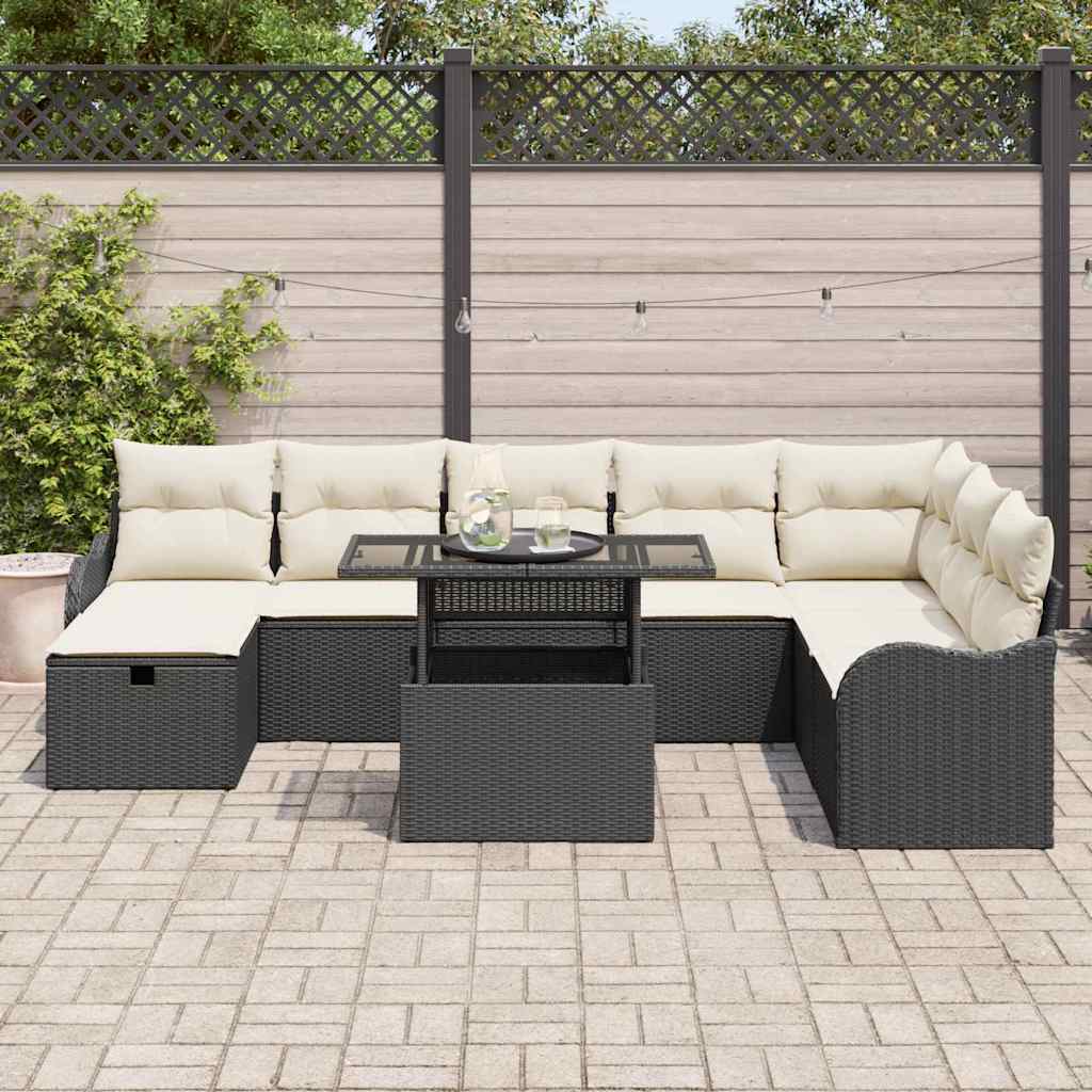 vidaXL Tuinbank Set met kussen met opslag 9 pcs Zwart Poly rattan