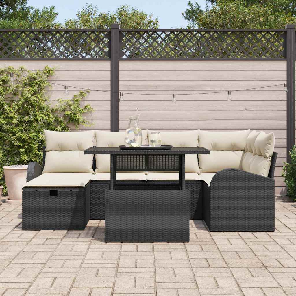 vidaXL Tuinbank Set met kussen met opslag 7 pcs Zwart Poly rattan