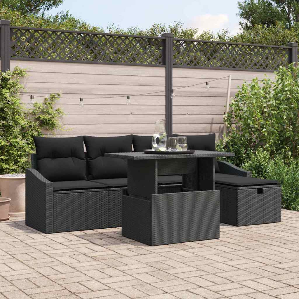 vidaXL Tuinbank Set met kussen 6 pcs Zwart poly rattan