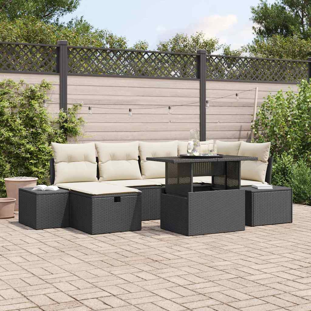 vidaXL Garden Lounge Set 7 Pieces Black Poly Rattan