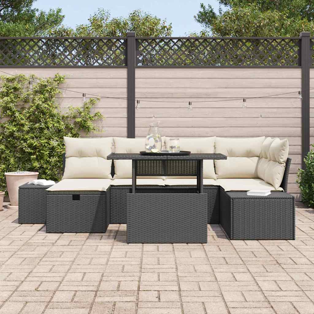 vidaXL Garden Lounge Set 7 Pieces Black Poly Rattan