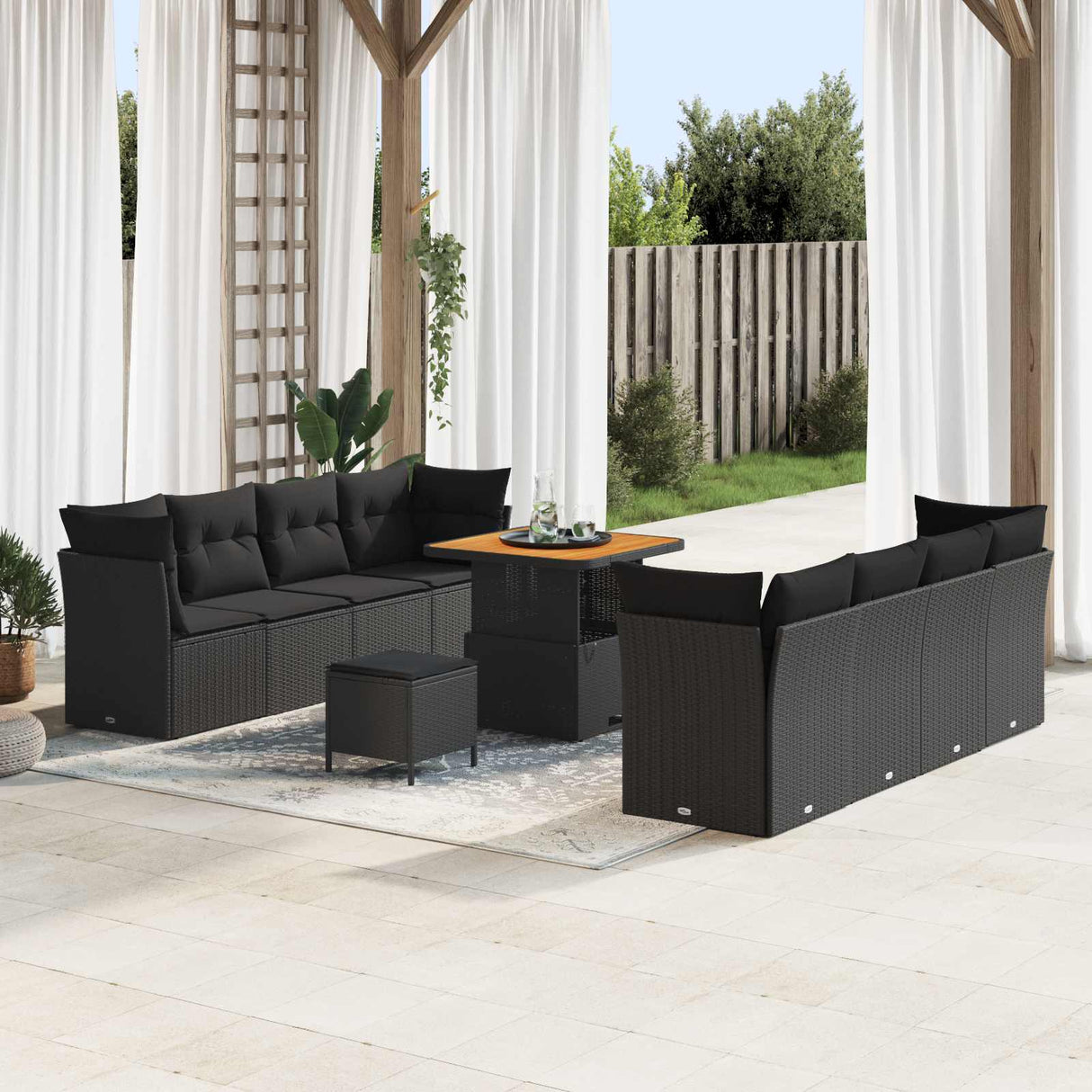 vidaXL Tuinbank Set 11 pcs Zwart poly rattan