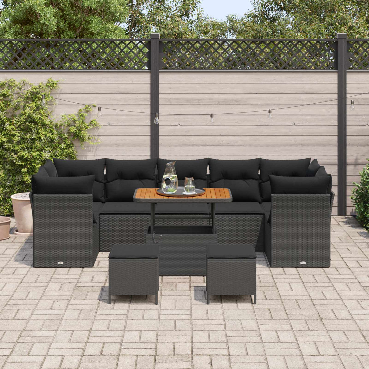 vidaXL Tuinbank Set 10 pcs Zwart poly rattan
