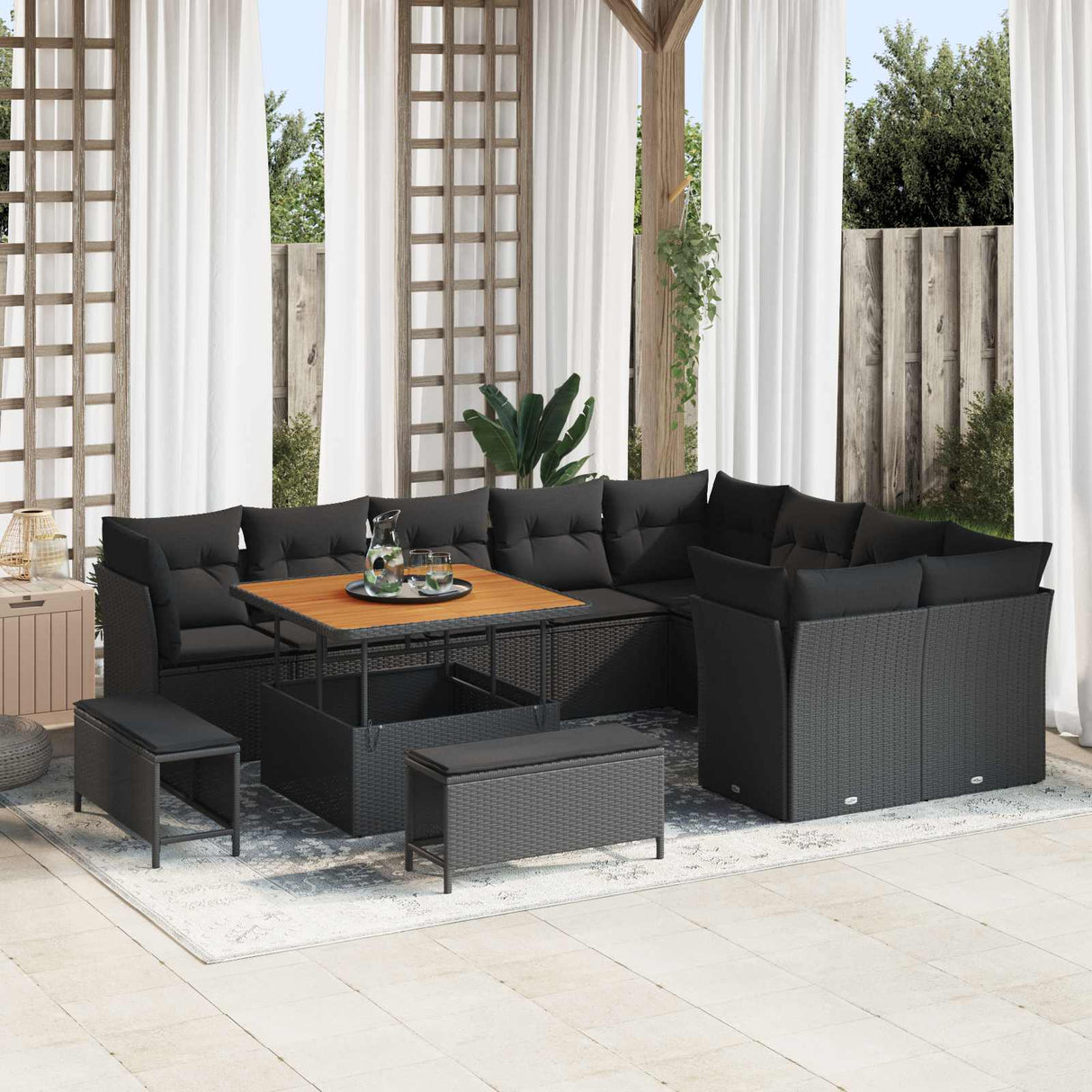 vidaXL Tuinbank Set 12 pcs Zwart poly rattan