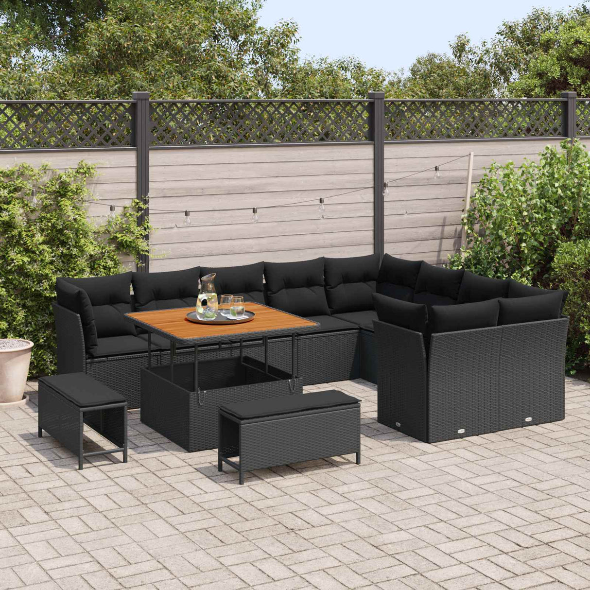 vidaXL Tuinbank Set 12 pcs Zwart poly rattan