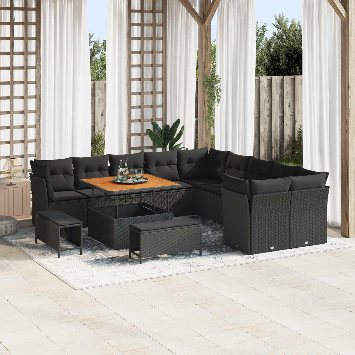 vidaXL Tuinbank Set 13 pcs Zwart poly rattan