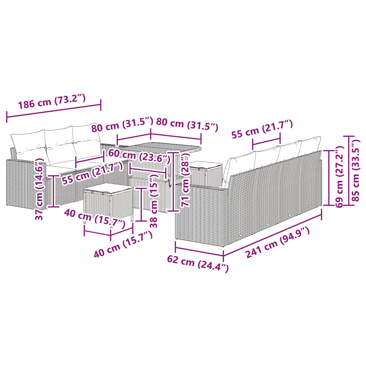 vidaXL Tuinbank Set 10 pcs Zwart poly rattan