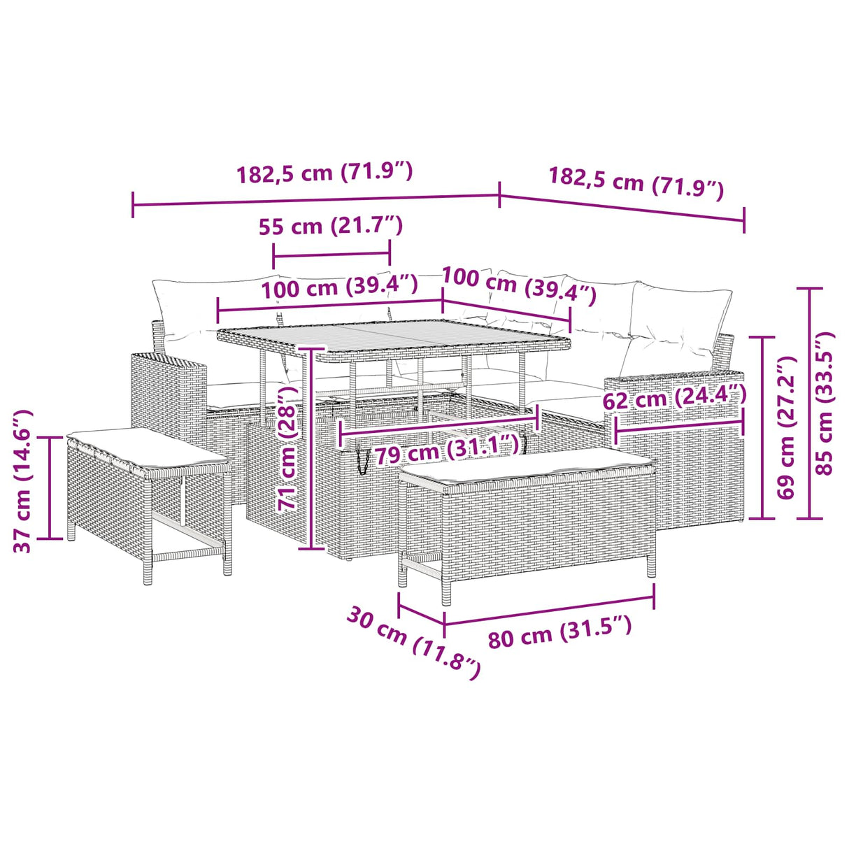 vidaXL Tuinbank Set 8 pcs Zwart poly rattan