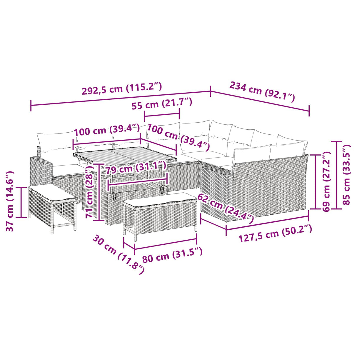 vidaXL Tuinbank Set 12 pcs Zwart poly rattan