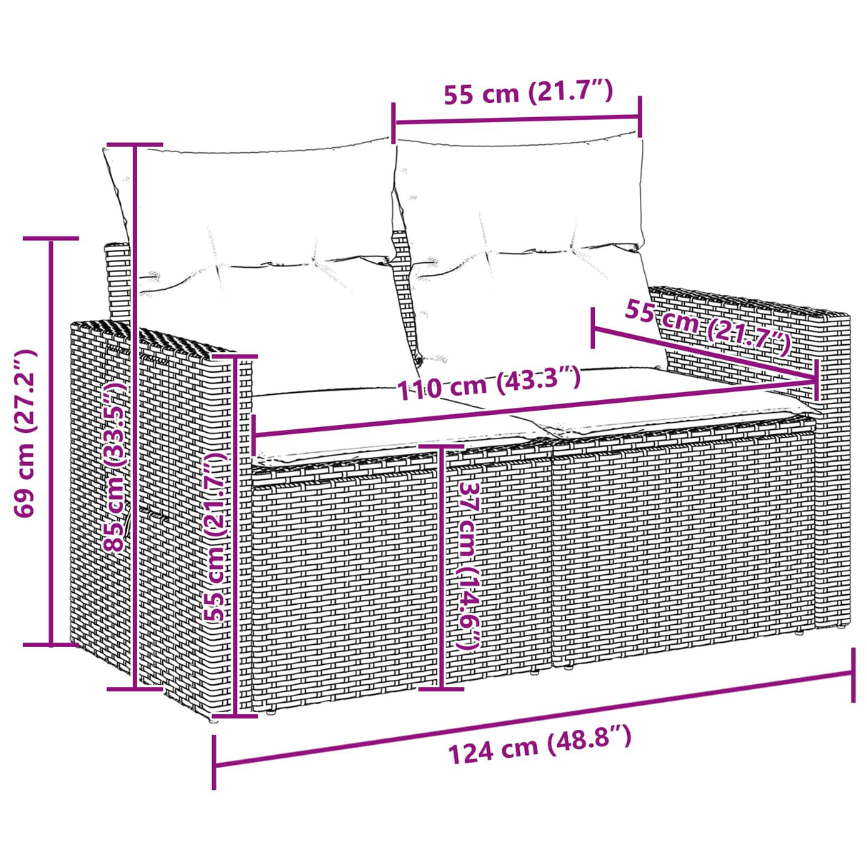 vidaXL Tuinbank Set met kussen 9 pcs Zwart poly rattan
