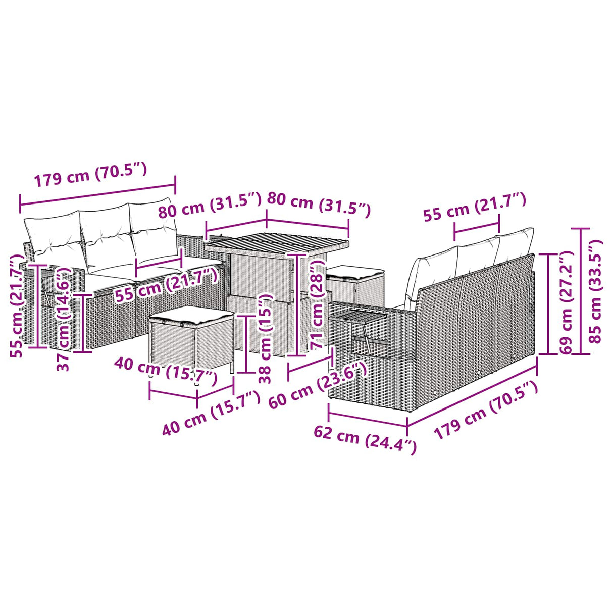 vidaXL Tuinbank Set met kussen 9 pcs Zwart poly rattan