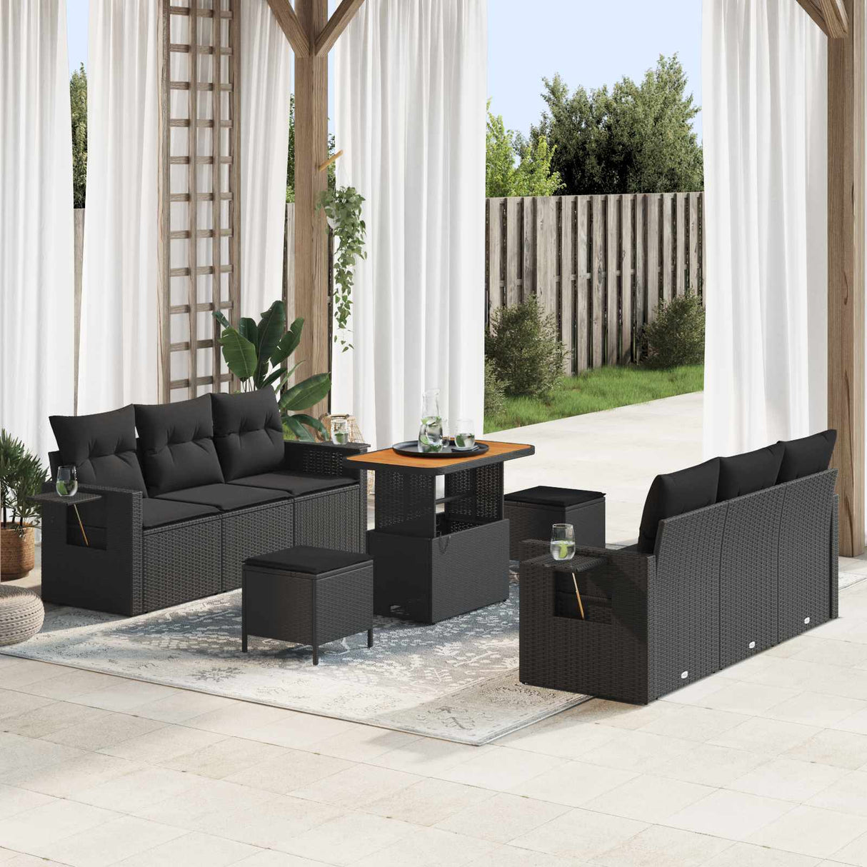 vidaXL Tuinbank Set met kussen 9 pcs Zwart poly rattan