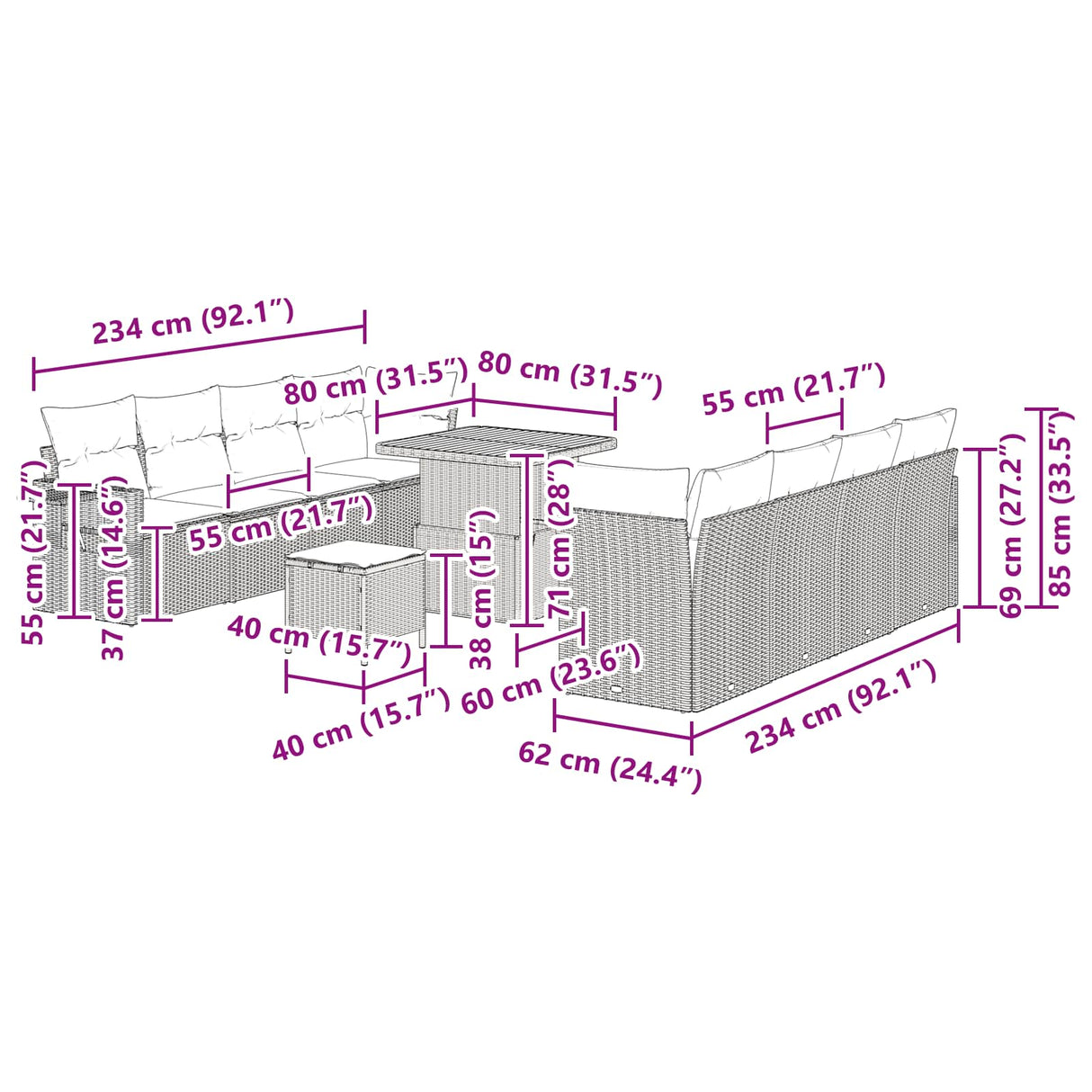 vidaXL Tuinbank Set met opslag 11 pcs Zwart Poly rattan