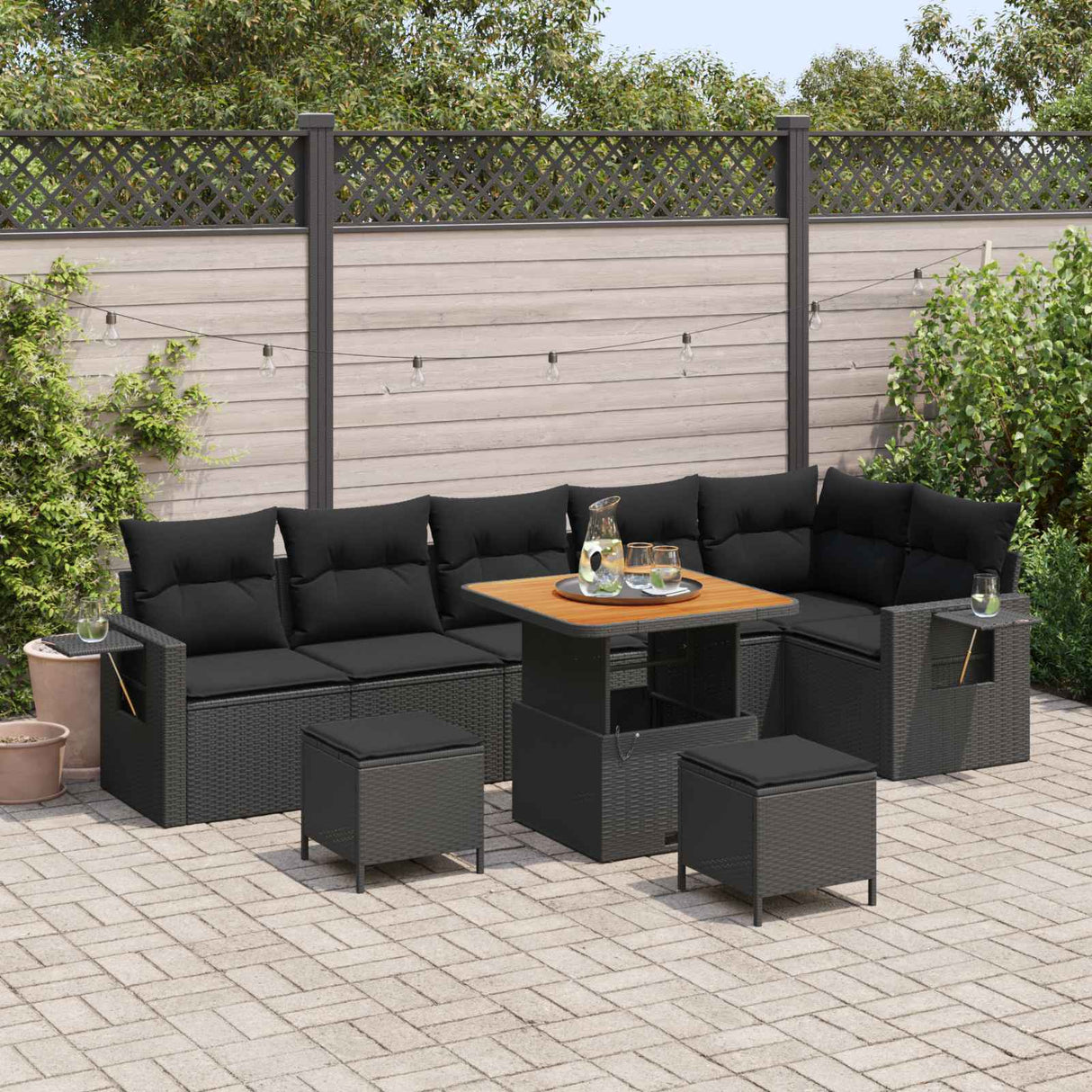 vidaXL Tuinbank Set 9 pcs Zwart poly rattan