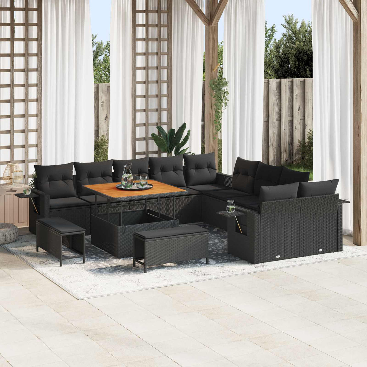 vidaXL Tuinbank Set 13 pcs Zwart poly rattan