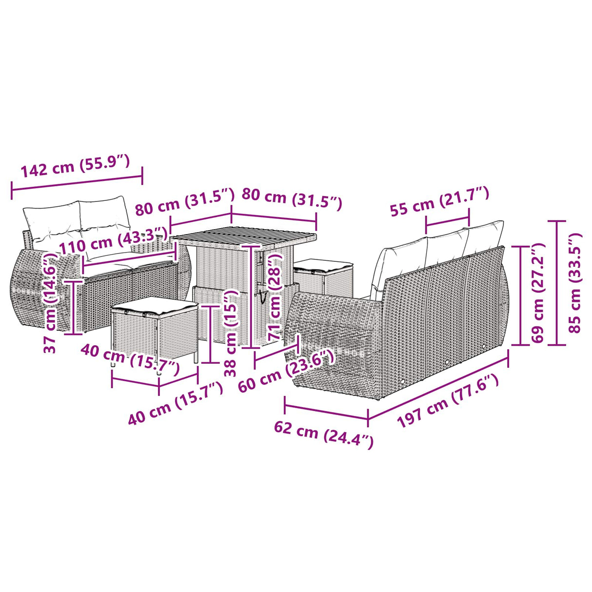 vidaXL Tuinbank Set 8 pcs Zwart poly rattan