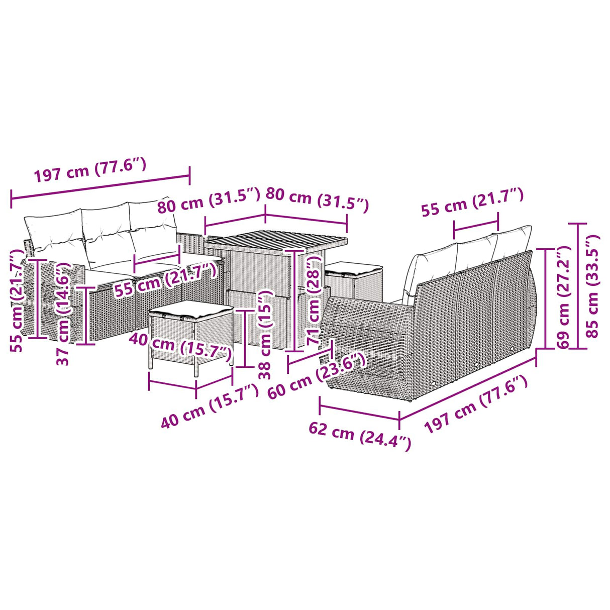 vidaXL Tuinbank Set met kussen met opslag 9 pcs Zwart poly rattan