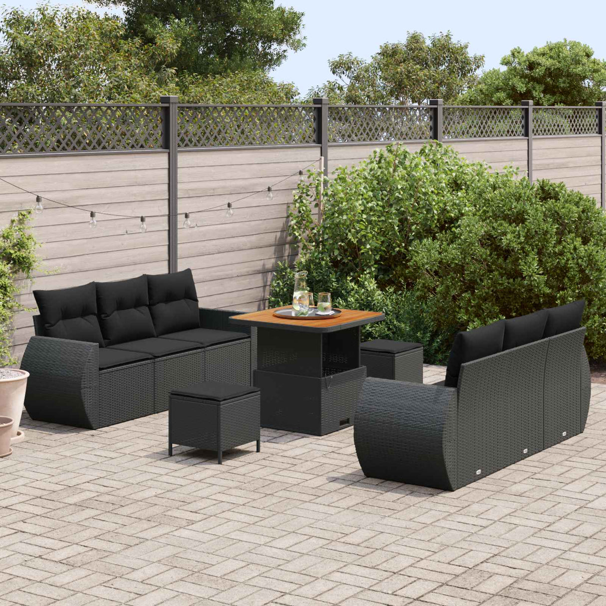 vidaXL Tuinbank Set met kussen met opslag 9 pcs Zwart poly rattan