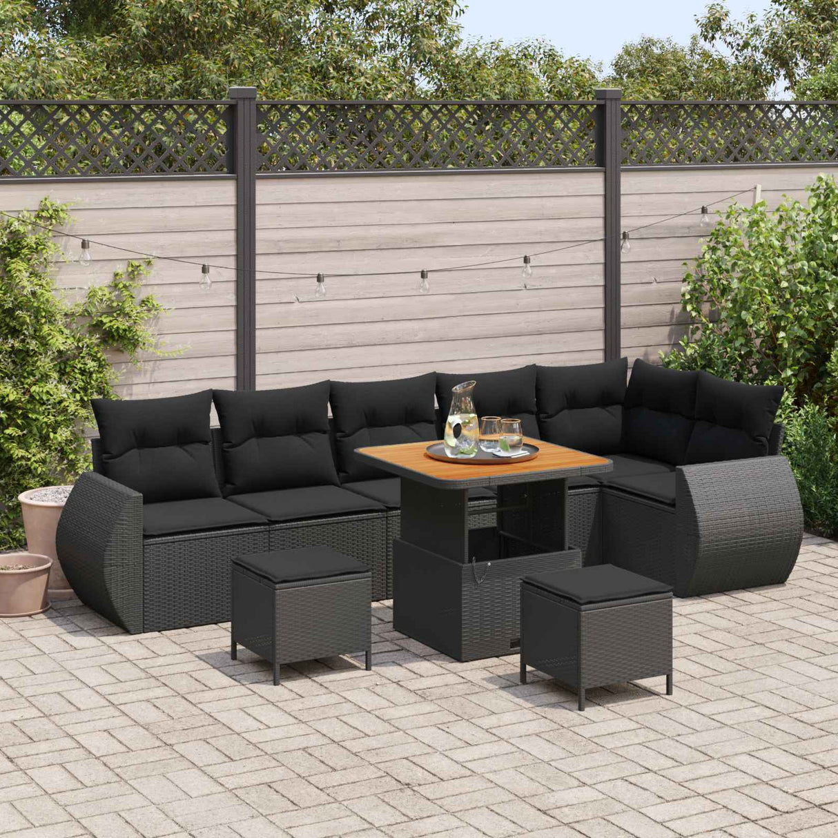 vidaXL Tuinbank Set 9 pcs Zwart poly rattan