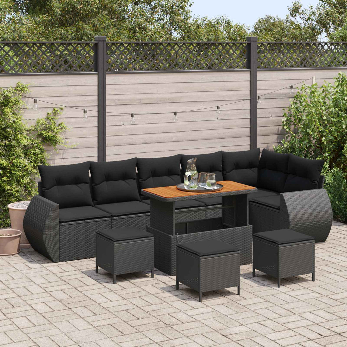 vidaXL Tuinbank Set 9 pcs Zwart poly rattan