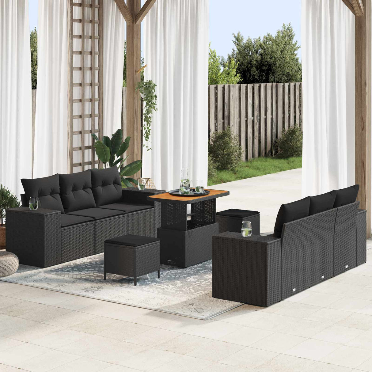 vidaXL Tuinbank Set met kussen 9 pcs Zwart Poly rattan