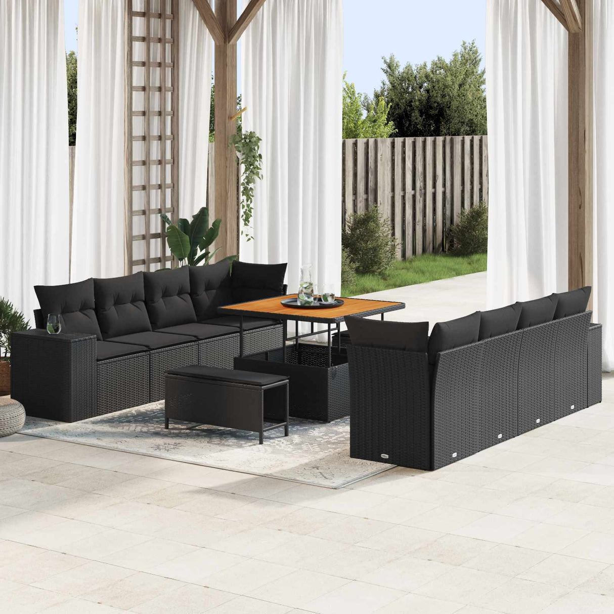 vidaXL Tuinbank Set met kussen 11 pcs Zwart poly rattan