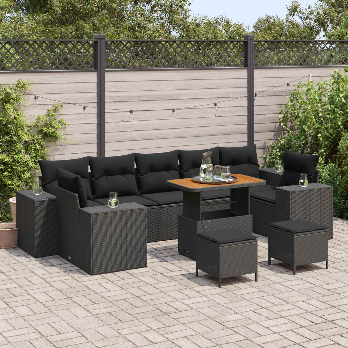 vidaXL Tuinbank Set 10 pcs Zwart poly rattan
