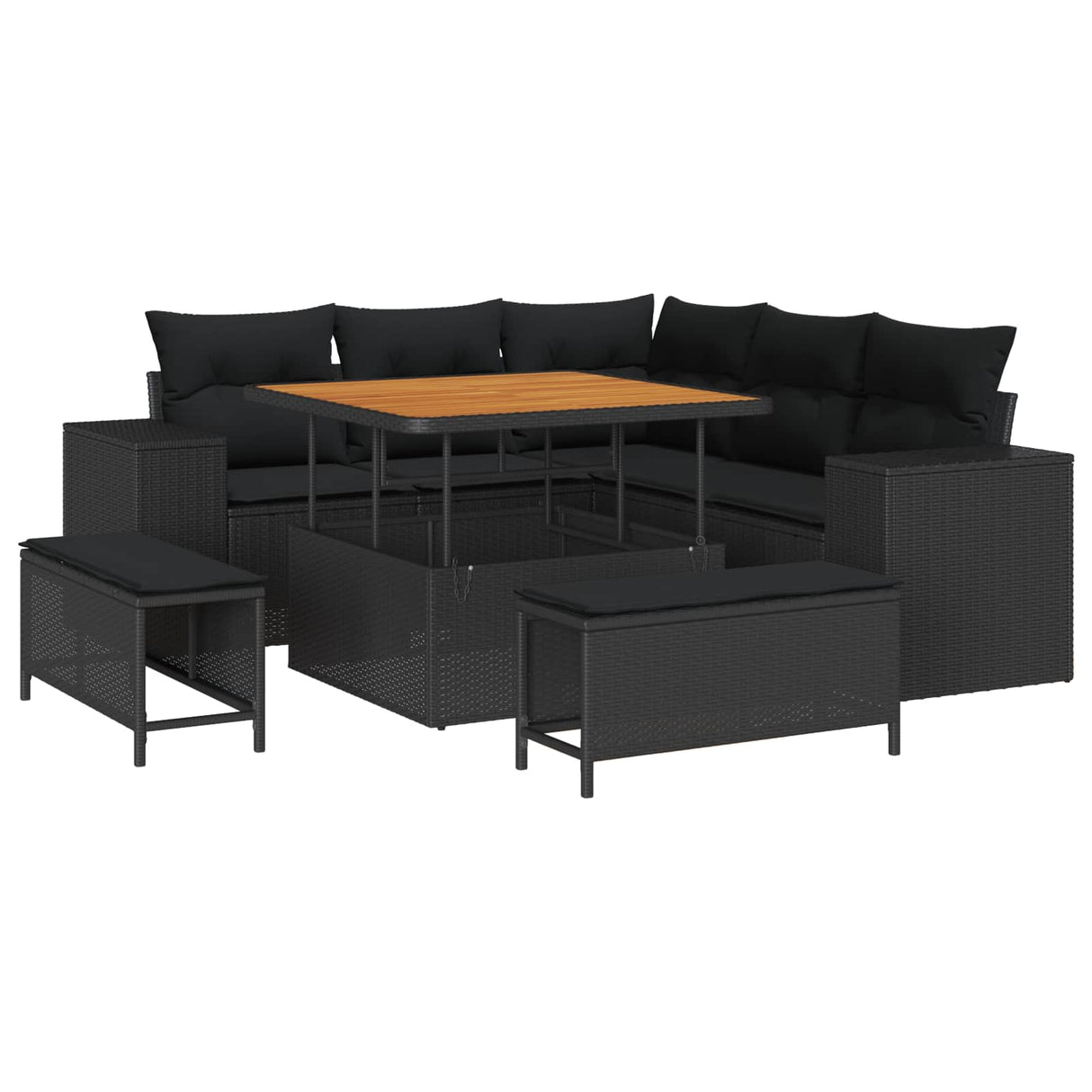 vidaXL Tuinbank Set met kussen 8 pcs Zwart poly rattan