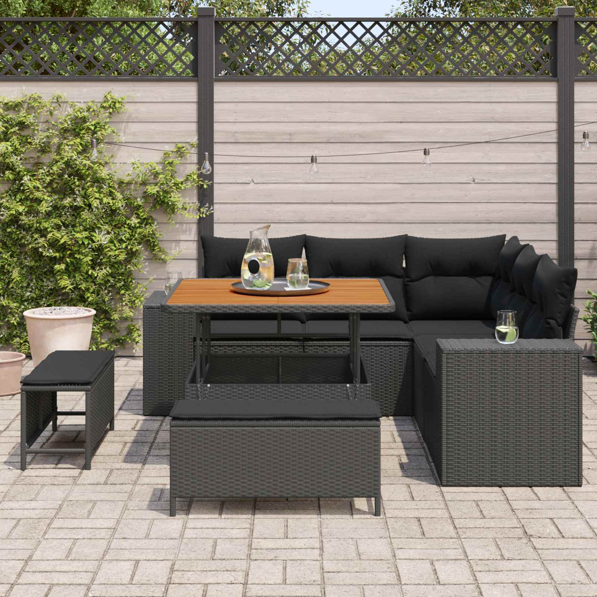 vidaXL Tuinbank Set met kussen 8 pcs Zwart poly rattan