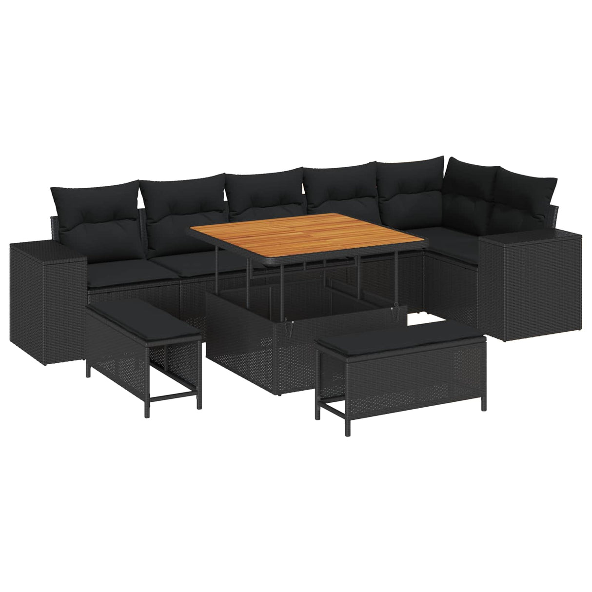 vidaXL Tuinbank Set met kussen 9 pcs Zwart poly rattan