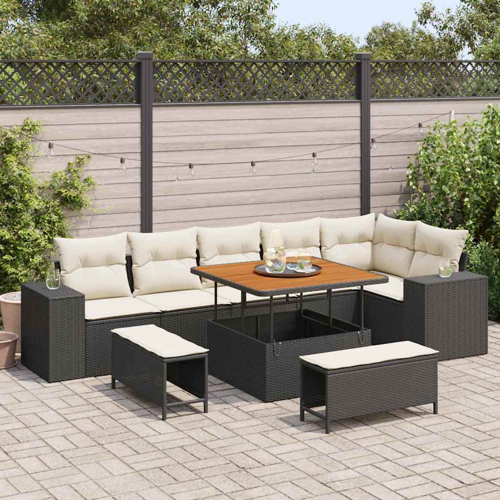 vidaXL Tuinbank Set met kussen 9 pcs Zwart poly rattan